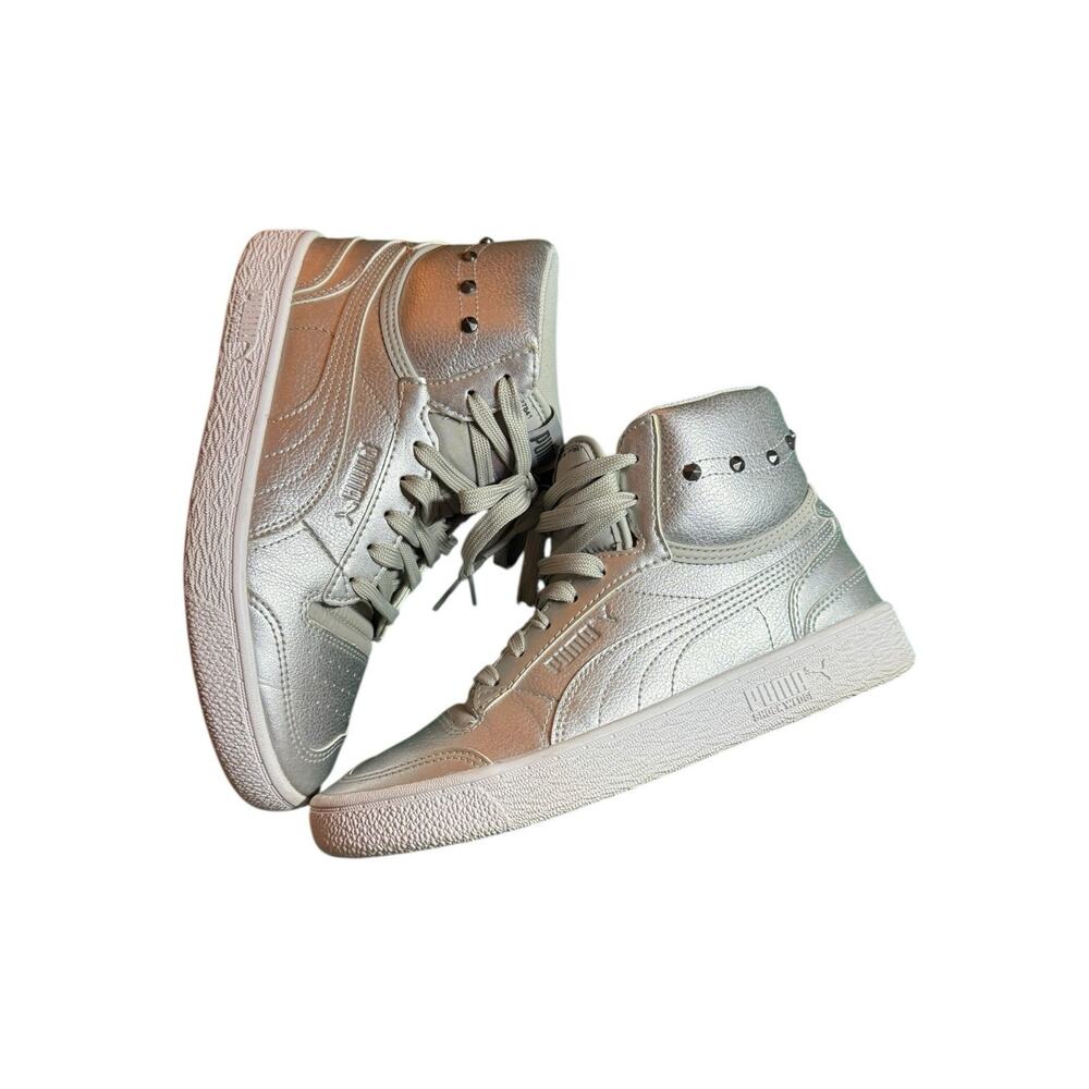 Puma Ralph Sampson High Rise Metallic Silver Mid Glitz Leather Sneaker Women 6.5